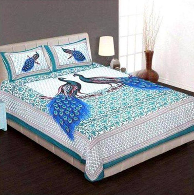 IkBedsheets Cotton Double Flat 165 TC Printed Bedsheet(Pack of 1, Blue)