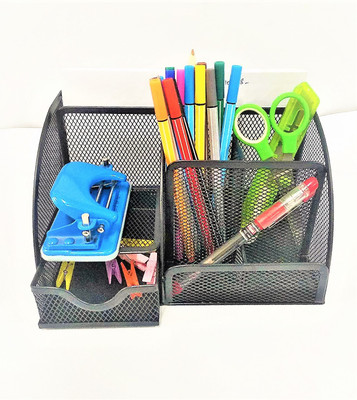 Ikshu 7 Compartments Metal Pen Stand(Black)