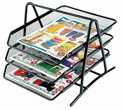 Ikshu 3 Compartments Metal Tray Metal Mesh Desk Organizer Rack Storage for Office Documents Letters Files [3-Layer](Black)