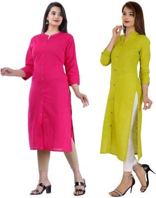 WOLKA Women Solid Straight Kurta(Green, Pink)