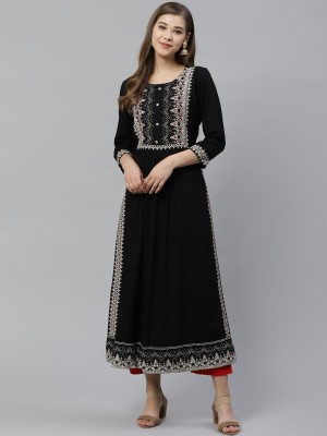 DIVENA Women Printed Straight Kurta(Black)