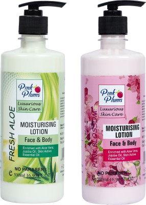 PINK PLUMS Luxurious Skin Care Deep Nourish Moisturising Fresh Aloe and Pink Blossom Body Lotion for Dry Skin, COMBO (Pack-2) Each 500ml(1000 ml)