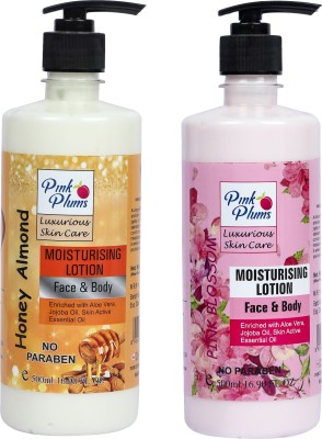 PINK PLUMS Luxurious Skin Care Deep Nourish Moisturising Honey Almond and Pink Blossom Body Lotion for Dry Skin, COMBO (Pack-2) Each 500ml(1000 ml)