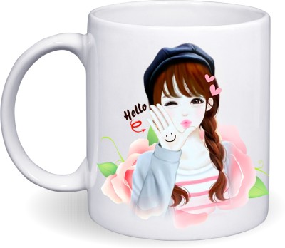 Ridhi Sidhi Design Lovely Girl Say Hello Printed Coffee Cup-11Oz Milk Cup, Coffee Cup Gift for Girls, Wife, Mom, Girlfriend Ceramic Coffee (350 ml) Ceramic Coffee Mug(350 ml)