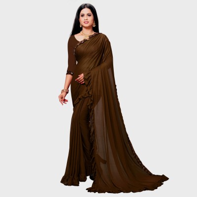 Lycrofest Solid/Plain Bollywood Lycra Blend Saree(Brown)