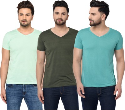 Bribzy Solid Men V Neck Dark Green, Light Blue, Light Green T-Shirt