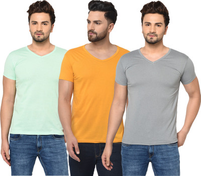 Jangoboy Solid Men V Neck Grey, Light Green, Yellow T-Shirt