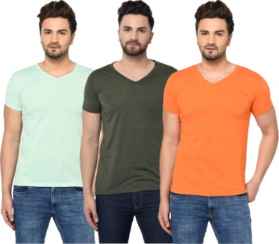 Jangoboy Solid Men V Neck Light Blue, Dark Green, Orange T-Shirt