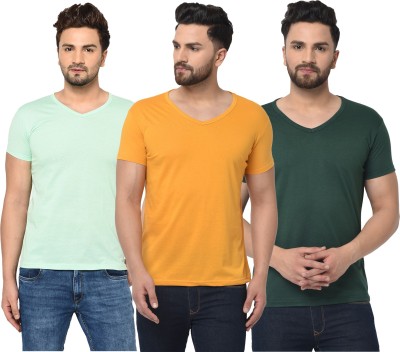 Jaskart Solid Men V Neck Dark Green, Light Green, Yellow T-Shirt