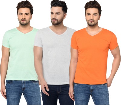 Tivy Solid Men V Neck Orange, Grey, Light Green T-Shirt