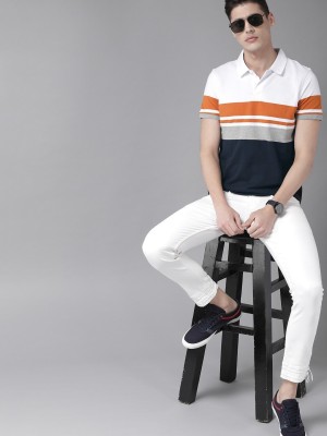 Roadster Striped Men Polo Neck White T-Shirt