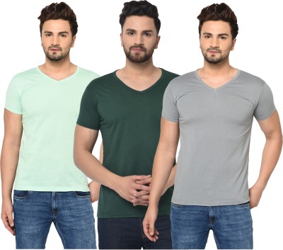 Jaskart Solid Men V Neck Dark Green, Grey, Light Green T-Shirt