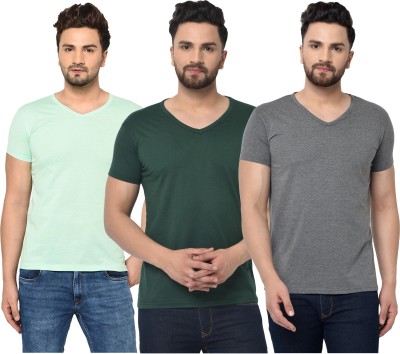 Jaskart Solid Men V Neck Dark Green, Grey, Light Green T-Shirt