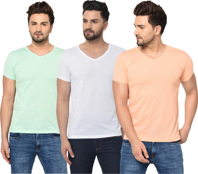 Jaskart Solid Men V Neck White, Orange, Light Green T-Shirt