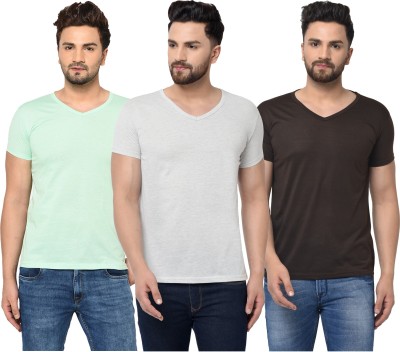 Jaskart Solid Men V Neck White, Brown, Light Green T-Shirt