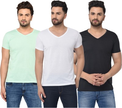 Tivy Solid Men V Neck White, Black, Light Green T-Shirt