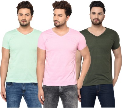 Jaskart Solid Men V Neck Dark Green, Pink, Light Green T-Shirt