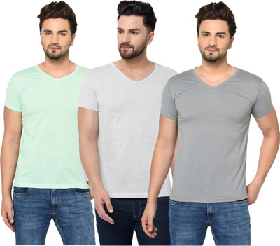 Jangoboy Solid Men V Neck Grey, Light Green T-Shirt