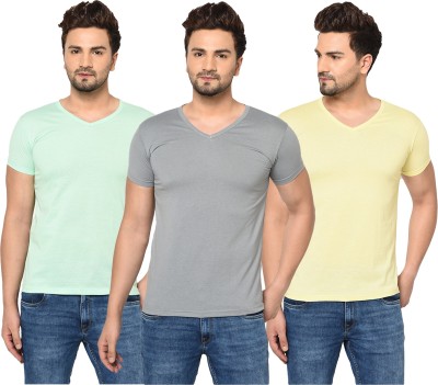 Bribzy Solid Men V Neck Grey, Light Green, Yellow T-Shirt