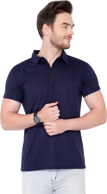 Bribzy Solid Men Polo Neck Dark Blue T-Shirt