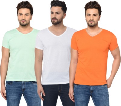 Unite Wear Solid Men V Neck Green, White, Orange T-Shirt