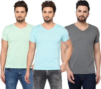 Bribzy Solid Men V Neck Light Blue, Grey, Light Green T-Shirt