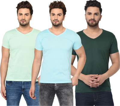 Adorbs Solid Men V Neck Light Blue, Dark Green, Light Green T-Shirt
