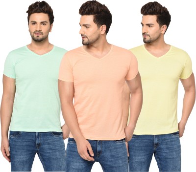 Jaskart Solid Men V Neck Orange, Light Green, Yellow T-Shirt