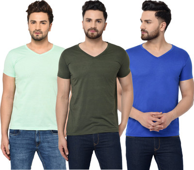 Bribzy Solid Men V Neck Dark Green, Blue, Light Green T-Shirt