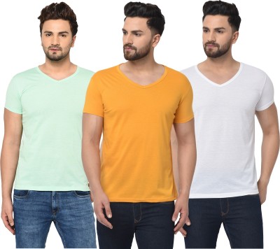 Jaskart Solid Men V Neck White, Yellow, Light Green T-Shirt