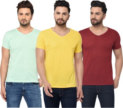 Unite Wear Solid Men V Neck Maroon, Yellow, Light Green T-Shirt