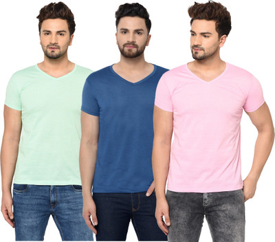 Jangoboy Solid Men V Neck Blue, Pink, Light Green T-Shirt