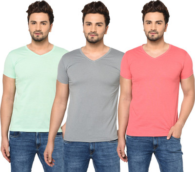 Jangoboy Solid Men V Neck Green, Pink, Grey T-Shirt