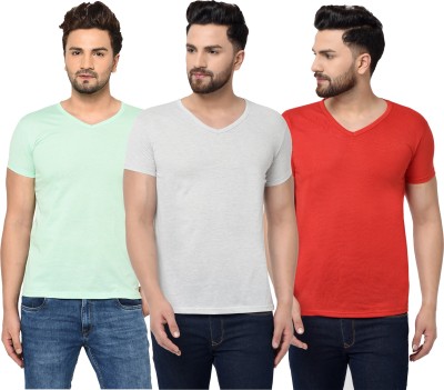 Bribzy Solid Men V Neck Red, White, Light Green T-Shirt