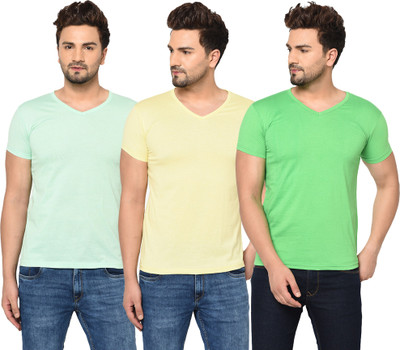 Adorbs Solid Men V Neck Light Green, Yellow T-Shirt