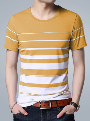 Seven Rocks Striped Men Round Neck Yellow T-Shirt