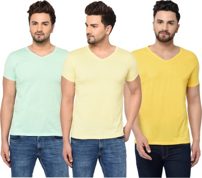 Tivy Solid Men V Neck Light Green, Yellow T-Shirt