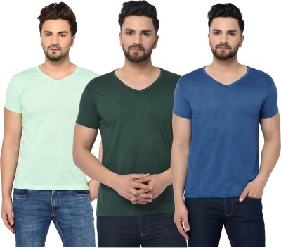 Bribzy Solid Men V Neck Dark Green, Blue, Light Green T-Shirt