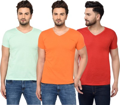 Bribzy Solid Men V Neck Red, Orange, Light Green T-Shirt