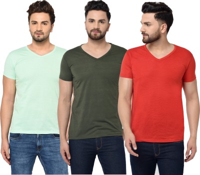 Jaskart Solid Men V Neck Dark Green, Red, Light Green T-Shirt