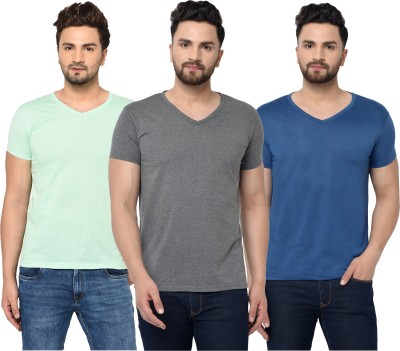 Jaskart Solid Men V Neck Dark Blue, Grey, Light Green T-Shirt