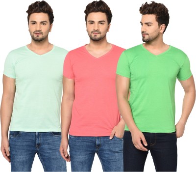 Tivy Solid Men V Neck Green, Pink, Light Green T-Shirt