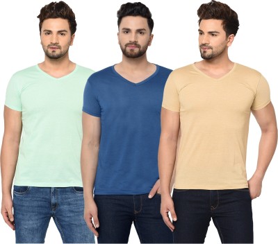 Bribzy Solid Men V Neck Dark Blue, Beige, Light Green T-Shirt