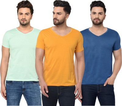 Jaskart Solid Men V Neck Dark Blue, Yellow, Light Green T-Shirt