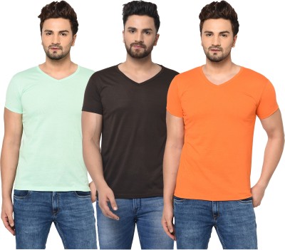 Jaskart Solid Men V Neck Brown, Orange, Light Green T-Shirt