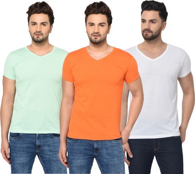 Jangoboy Solid Men V Neck Light Blue, White, Orange T-Shirt