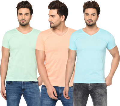 Unite Wear Solid Men V Neck Light Blue, Orange, Light Green T-Shirt