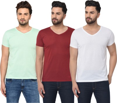 Jaskart Solid Men V Neck Green, White, Maroon T-Shirt