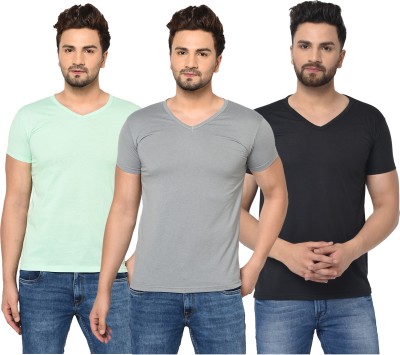 Jaskart Solid Men V Neck Black, Grey, Light Green T-Shirt