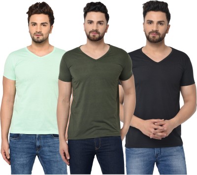 Jaskart Solid Men V Neck Dark Green, Black, Light Green T-Shirt